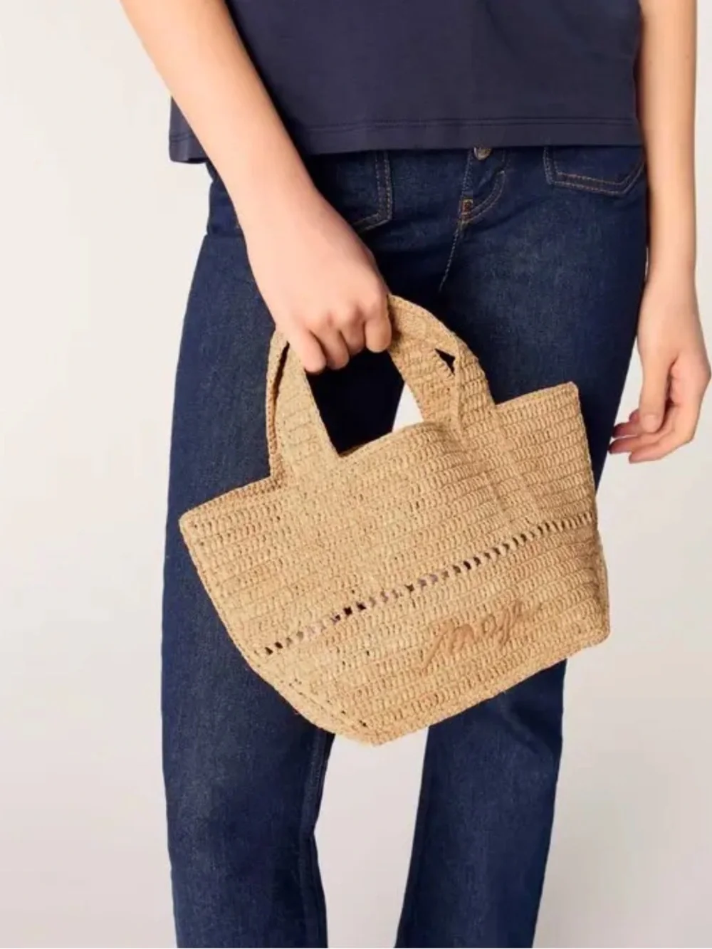MAJE Woven Straw mini  Tote Bag in Natural Tan